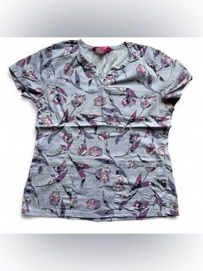 Women’s Floral Mosaic Print Scrub Top - Gray & Pink